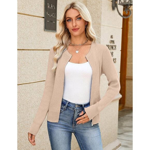 Totatuit Womens Camel Long Sleeves Cardigans Knitted Lightweight Zipper Sweater - Picture 3 of 8